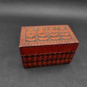 Vintage Polish Wood Trinket Box Brass Inlay Floral Chip Carved Divided Card Box